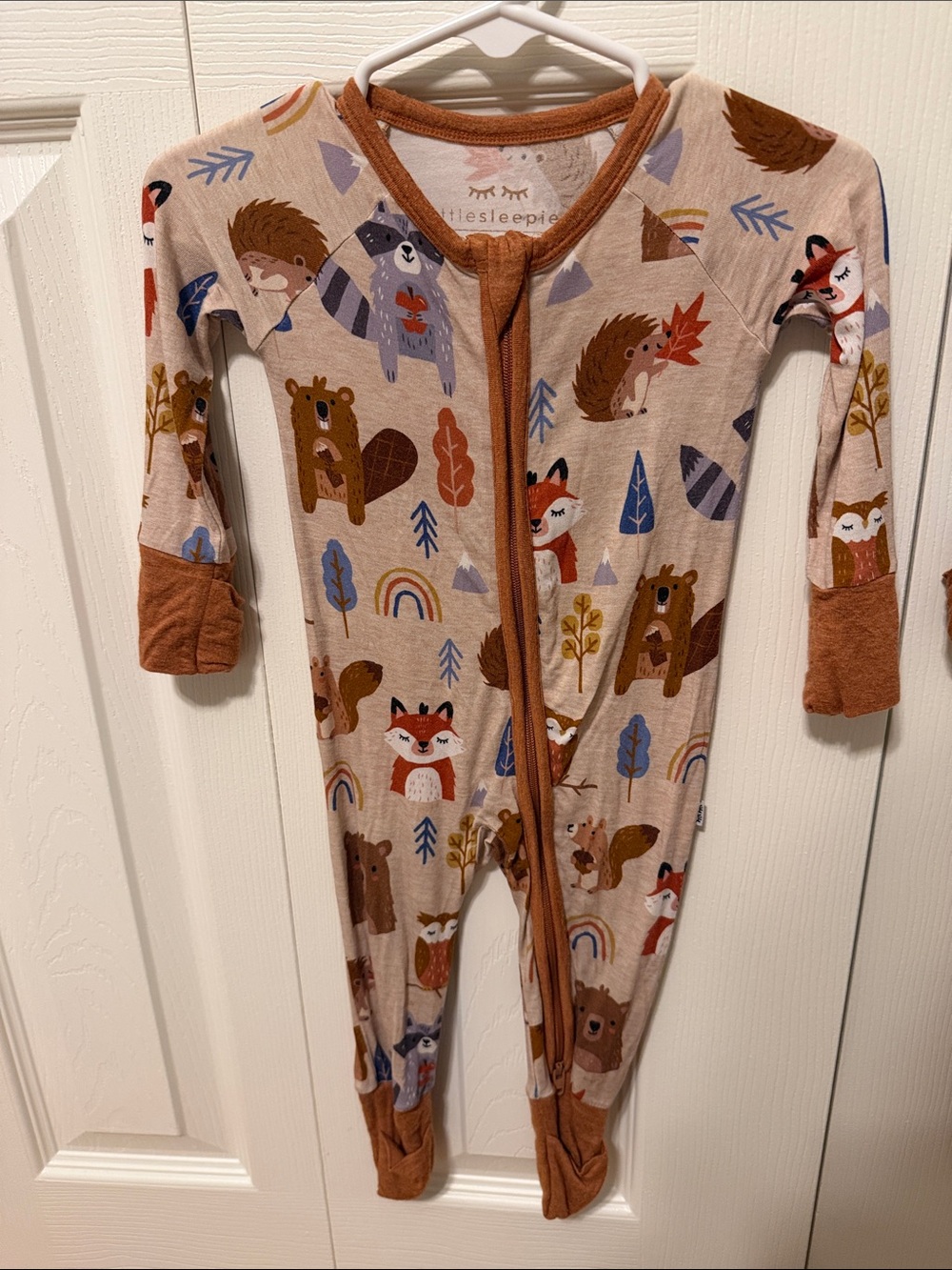 Little Sleepies Beige Woodland Animal Footed One-Piece Pajamas with Rust Trim